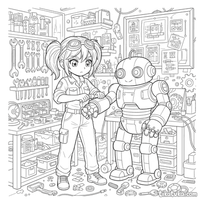 Anime Mechanic Girl Repairing Robot