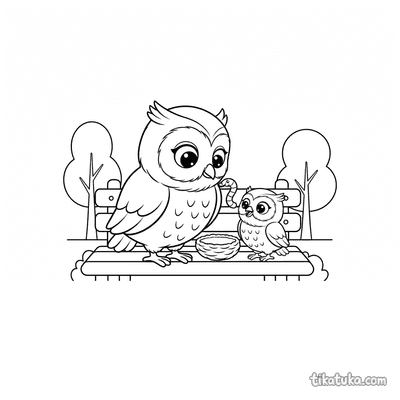 Owl Feeding Baby Bird on Bench