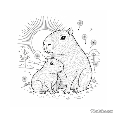 Baby Capybara and Parent at Sunset
