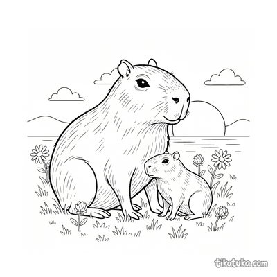 Baby Capybara and Parent at Sunset