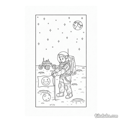 Boy Astronaut Planting Flag on Moon