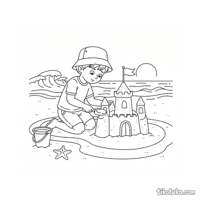 Boy Building Sandcastle with Moat