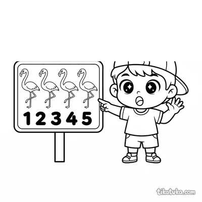 Boy Counting Flamingos on Zoo Sign