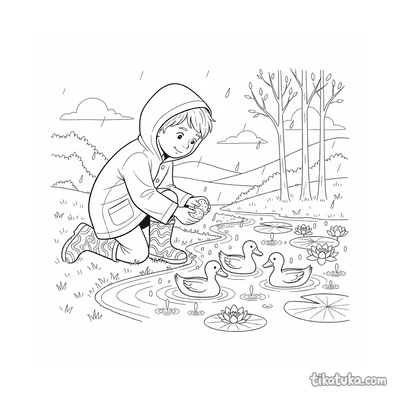 Boy Feeding Ducks in the Rain