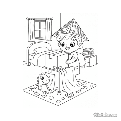 Boy Building a Cardboard Box Fort