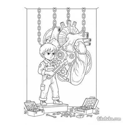 Boy Repairing Giant Mechanical Heart