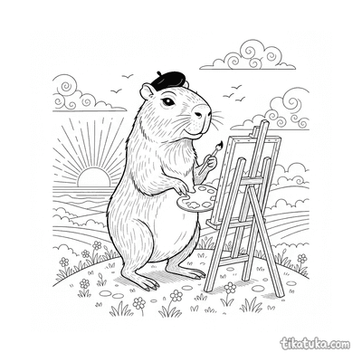 Capybara Artist Painting the Sunset