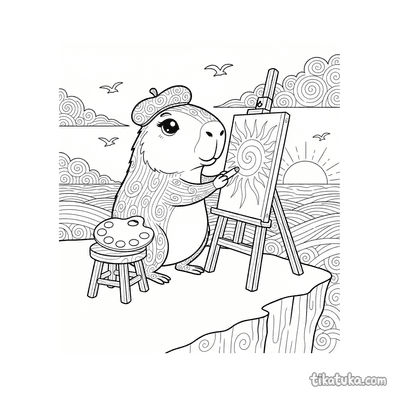 Capybara Artist Sketching the Sunset