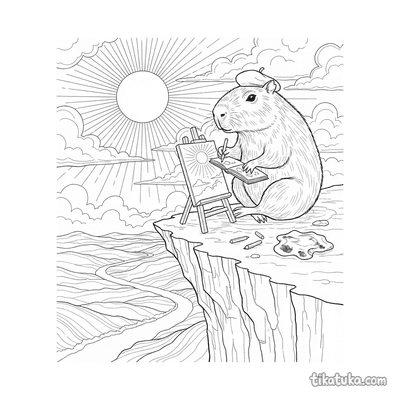 Capybara Artist Sketching the Sunset