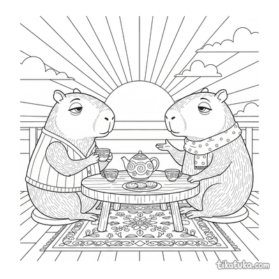 Two Capybaras Sharing Tea at Sunset