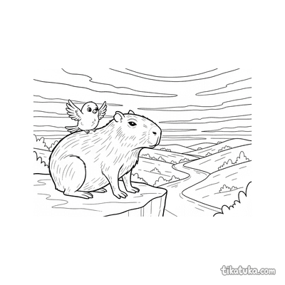 Capybara with Bird Friend at Sunset
