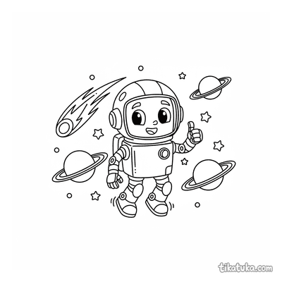 Astronaut Robot Among Ringed Planets