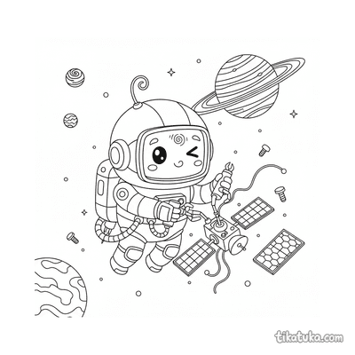 Astronaut Robot Fixing Satellite