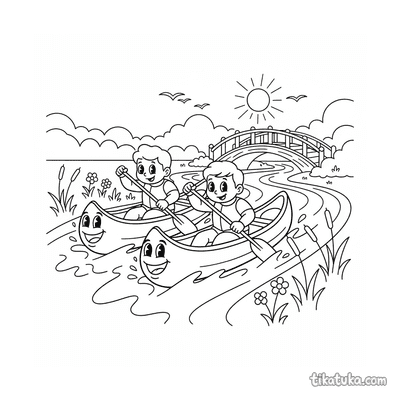 Cheerful Canoe Race on Sunny River