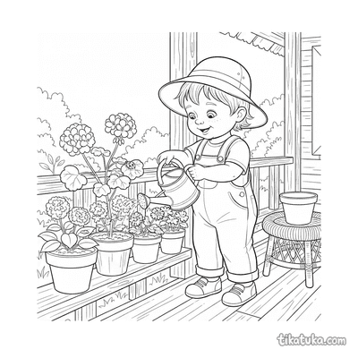 Child Watering Plants on the Porch