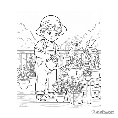 Child Watering Plants on the Veranda