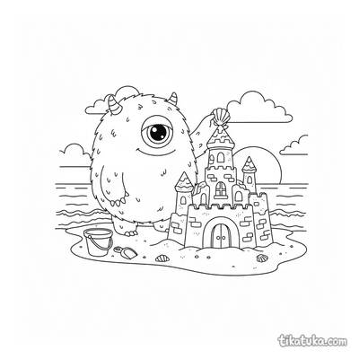 Furry Monster Building a Sandcastle
