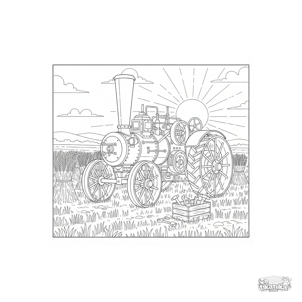 Vintage Steam Tractor in Harvest Field
