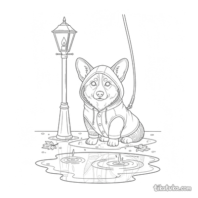 Dog in a Raincoat by a Lamp Post