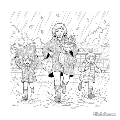 Family Racing to Car in Downpour