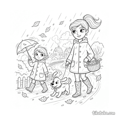 Family Walking Dog in Autumn Storm