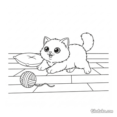 Fluffy Kitten and Yarn Ball