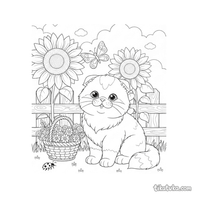 Fluffy Kitten in Sunflower Garden