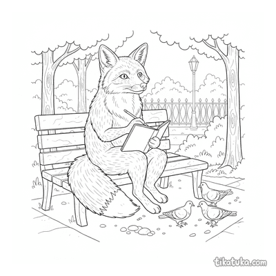 Fox Sketching Pigeons on Bench