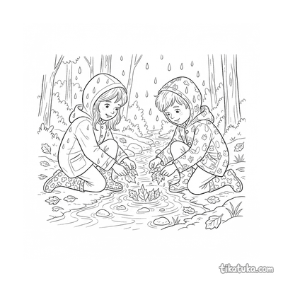 Friends Building Leaf Dam in Stream