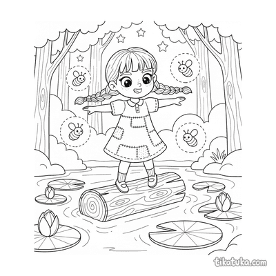 Girl on a Log in the Pond