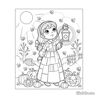 Girl with Lantern in Pumpkin Patch