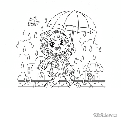 Girl in a Raincoat Under an Umbrella