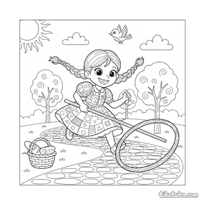 Girl Rolling a Hoop on Cobblestones