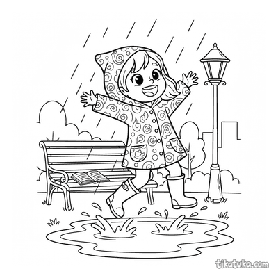 Girl in Raincoat Jumping in Puddles