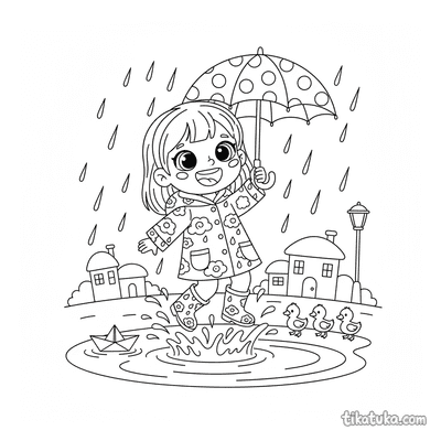 Girl in Raincoat Jumping in Puddles