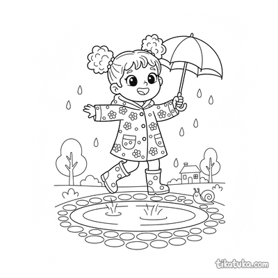 Girl in Raincoat Jumping Over Puddle