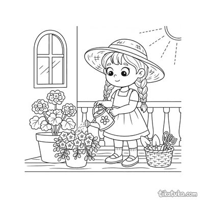 Girl Watering Plants on Dacha Porch