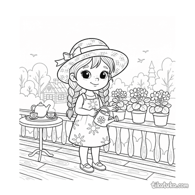 Girl Watering Flowers on the Veranda