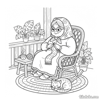 Grandma Knitting on the Veranda