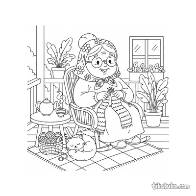 Grandma Knitting on the Veranda