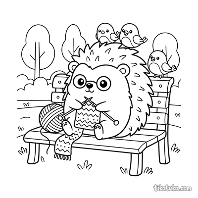 Hedgehog Knitting on Bench