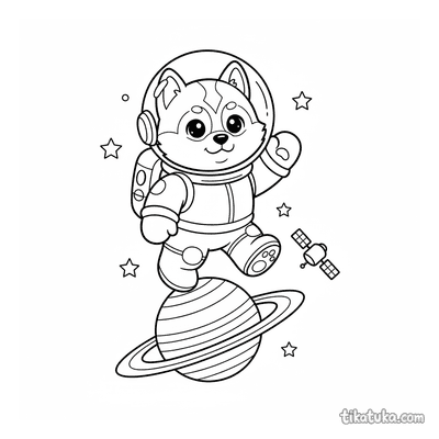 Husky Astronaut Near a Ringed Planet