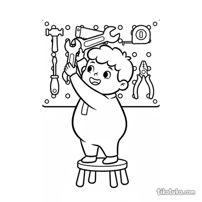 Little Boy Organizing a Tool Wall