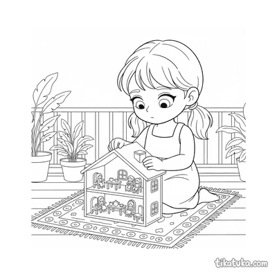 Girl Playing with a Dollhouse