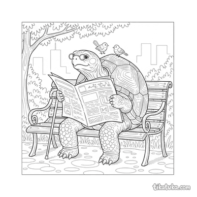 Turtle Reading Newspaper on Bench