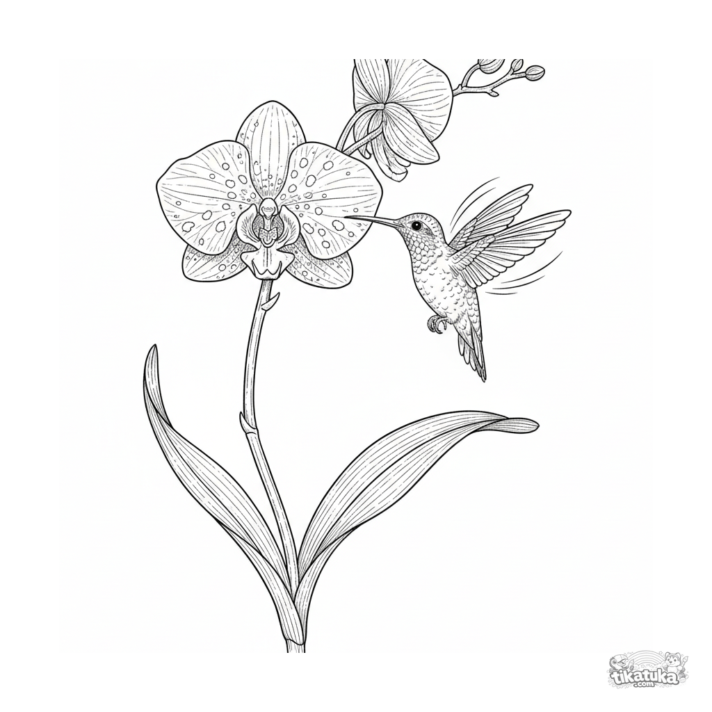 Orchid with Hummingbird Vintage Engraving