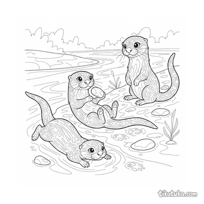 Otter Family Playing on Stream Bank