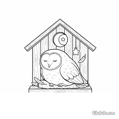 Owl Sleeping in Moonlit Birdhouse
