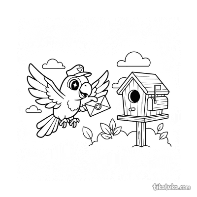 Parrot Mail Carrier at Birdhouse