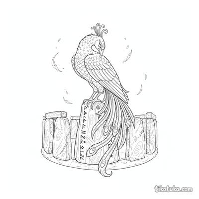 Phoenix Perched on Rune Monolith